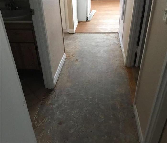 Image of same hallway leading to bedroom and bathrooms with the water damaged floors removed and concrete sub floor exposed.